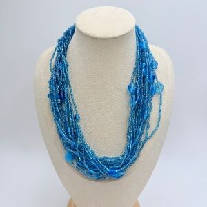 Vintage Blue Multi Strand Beaded Statement Necklace Boho Layered